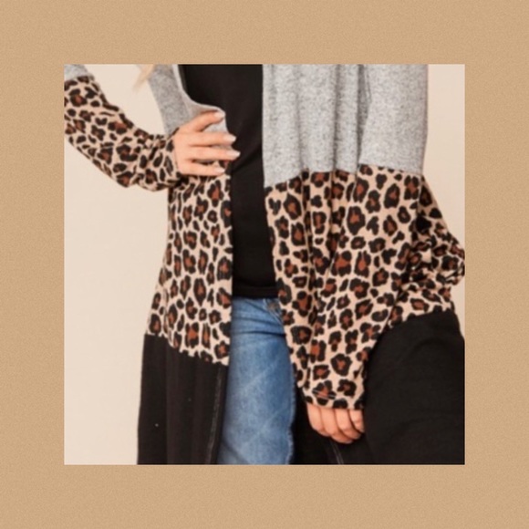 💼 Leopard / Animal Print Open Cardigan w/ Color Block - Picture 3 of 4